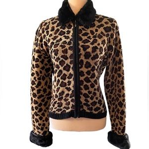 Vintage 1990s Jacket, Zip Cardigan Animal Print, Faux Fur Collar Cuffs, Size L